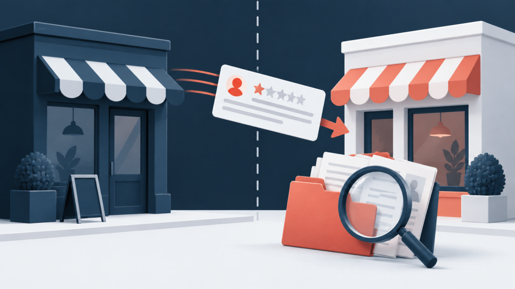Illustration of a suspicious competitor review crossing between two businesses