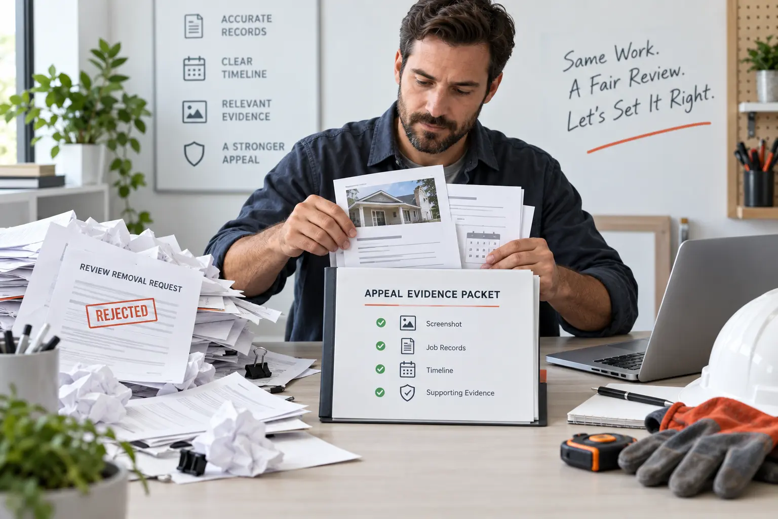 Contractor organizing job records and screenshots into a focused review appeal