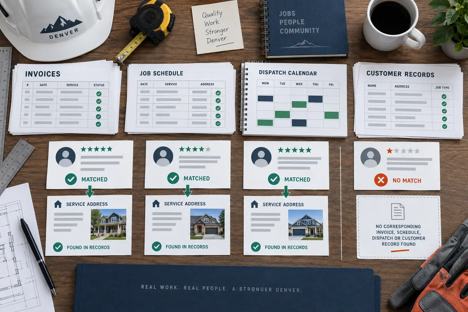 Contractor records matched against reviews to identify a reviewer with no job record