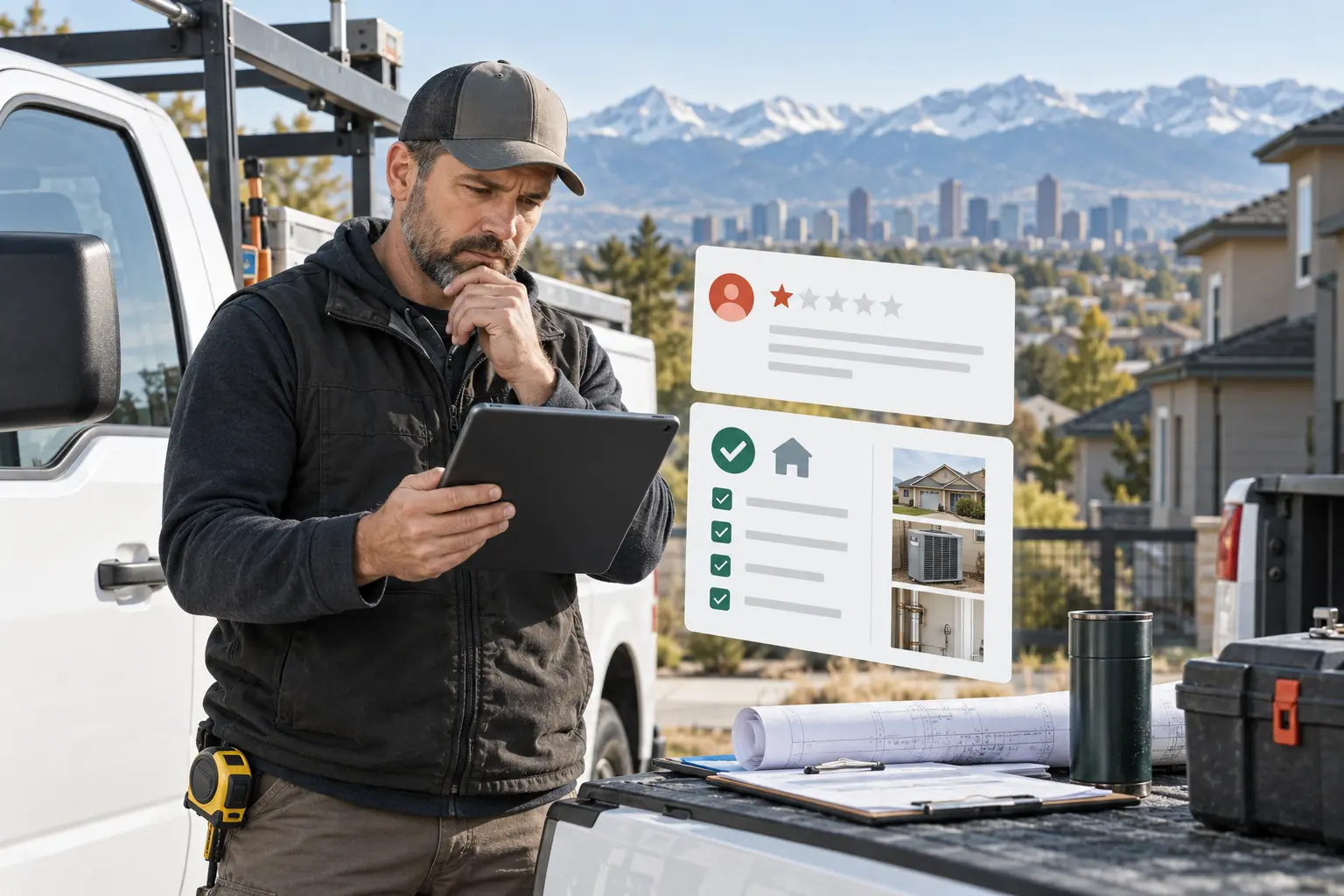 Denver contractor reviewing a disputed Google review beside a work truck