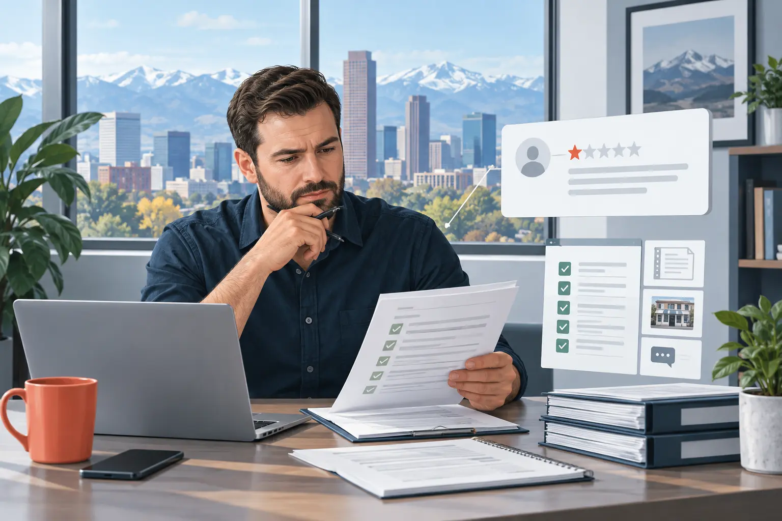 Denver business owner reviewing a questionable Google review with the Denver skyline behind him