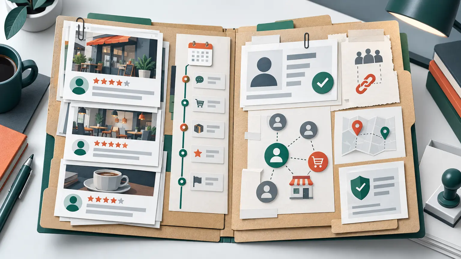 Organized fake-review evidence file with records, timeline and relationship checks