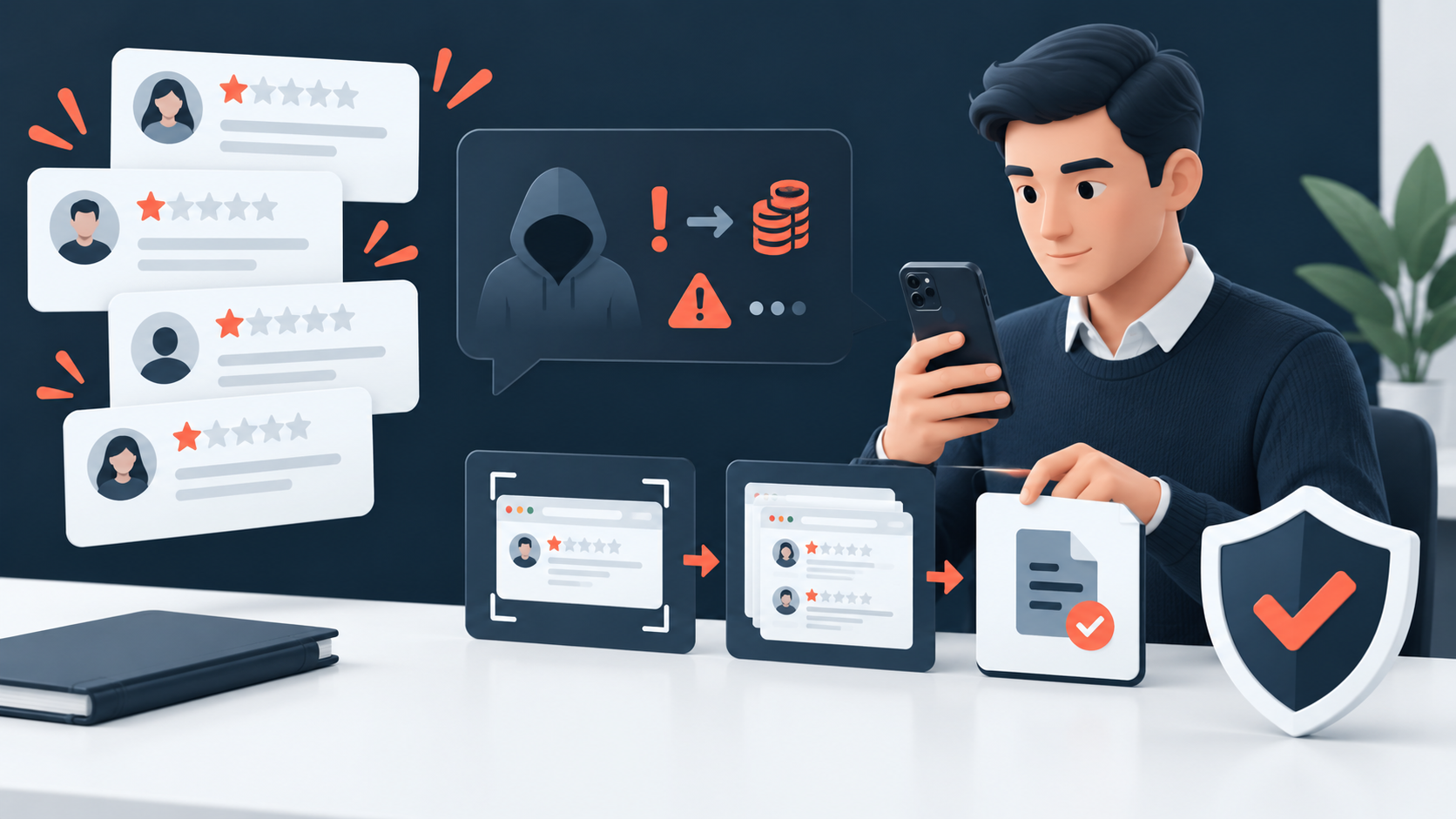 Illustration of a business documenting a coordinated negative review extortion scam