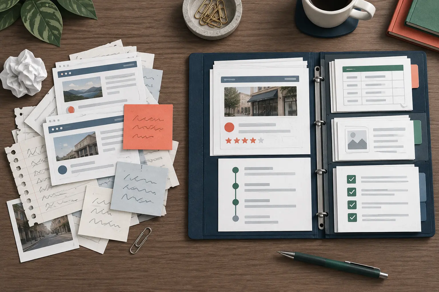 Unorganized review screenshots compared with a structured policy evidence file
