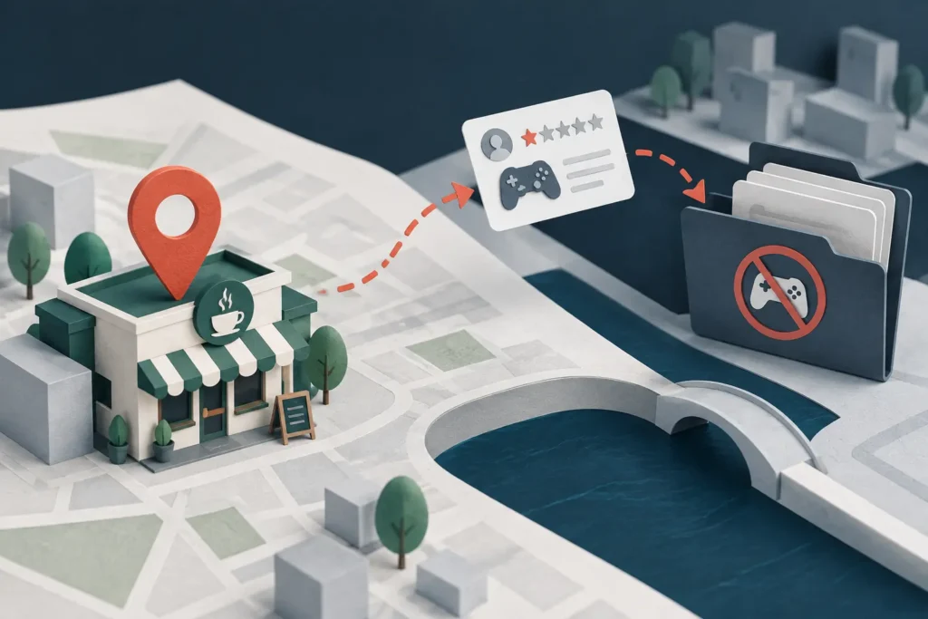 Off-topic Google review routed away from the correct business experience