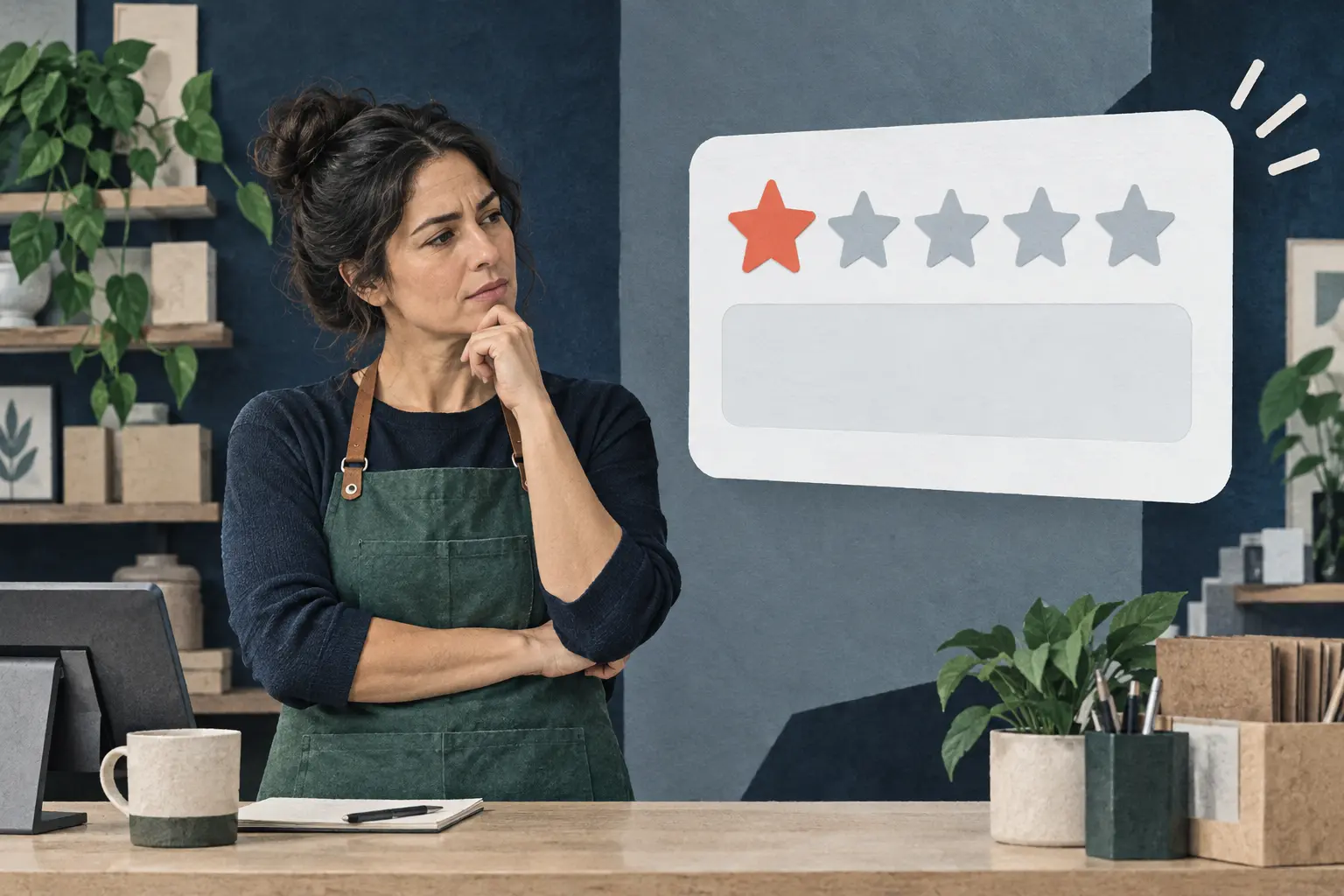 Business owner examining a one-star Google rating with a blank comment field
