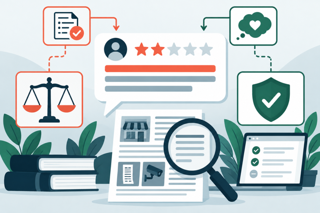 Defamatory review evidence evaluated through policy and legal review paths