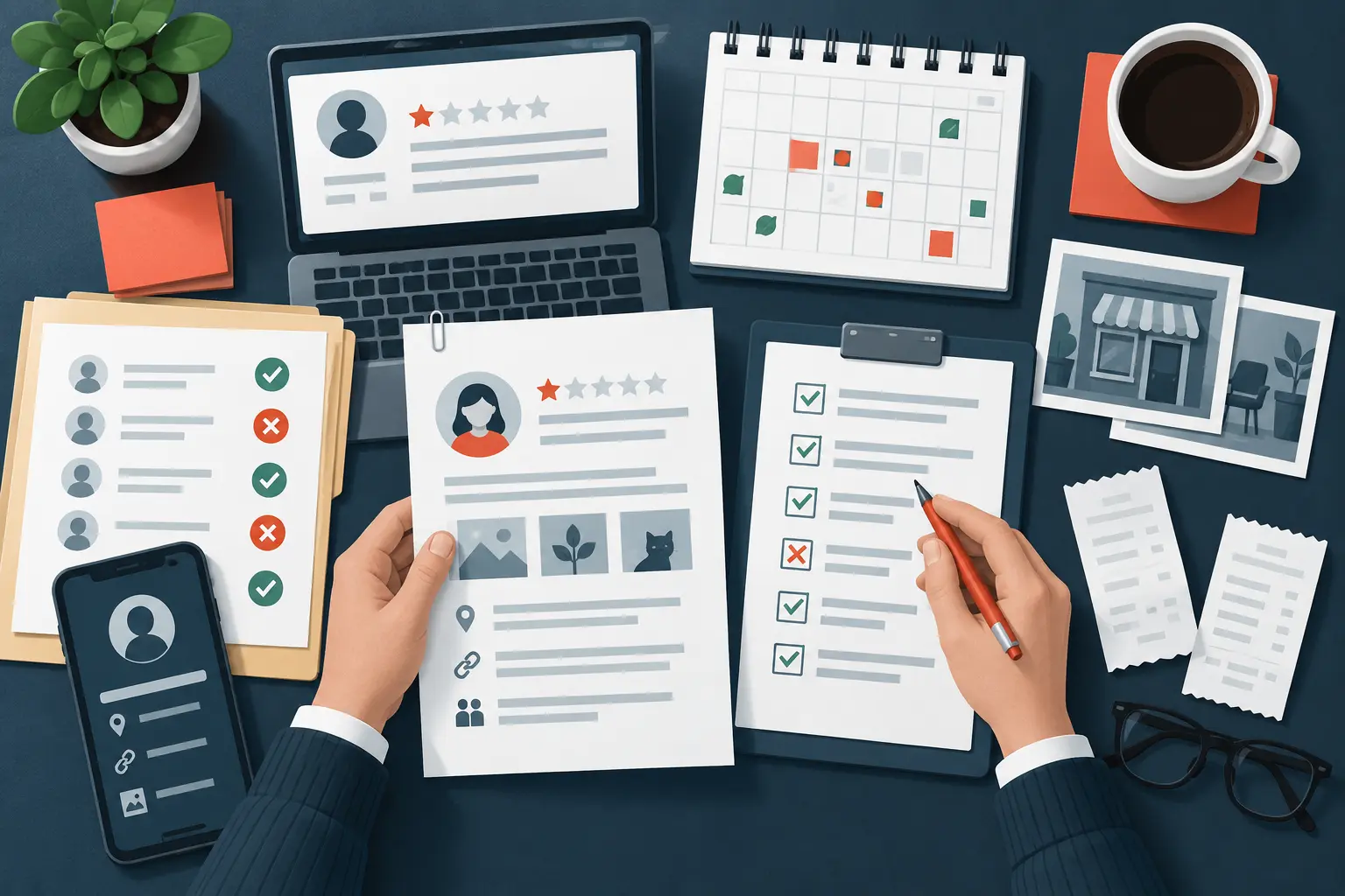 Evidence checklist with customer records, appointments, receipts, and reviewer profile details
