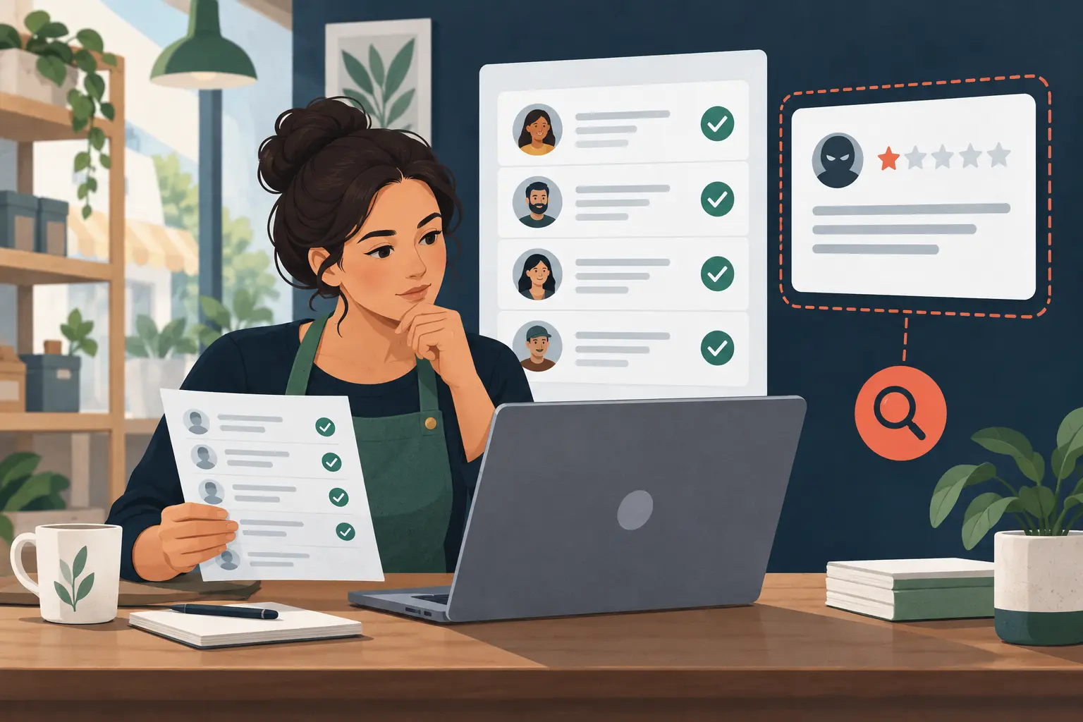 Business owner comparing a suspicious Google review with verified customer records